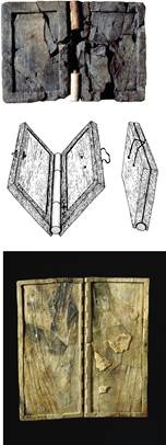 The Late Bronze Age Ulu Burun dyptich (boxwood, each leaf 9.5 × 6.2 cm), and one of the writing boards from Nimrud (ivory, each leaf 34 × 16 cm).