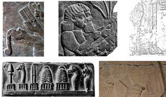 : Depictions of scribes writing cuneiform on waxed boards, found in Neo-Assyrian reliefs. When the scribes face left, the ‘inner’ side of the stylus is visible, showing a groove; otherwise the ‘outer’ side is displayed, showing a horizontal band in the middle. The right-angled shape of the writing tip leaves no doubt that these styli are meant for cueniform script. The ‘grooved’ stylus as symbol of Nabu, appearing on kudurrus, stelae, and seals.