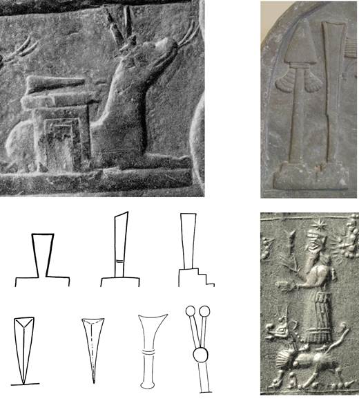 The cuneiform stylus as symbol of Nabu, as depicted on kudurrus, stelae and seals from all over the Ancient Near East. Note the conceptual progression from stylus as writing tool to stylus as idealized wedge.